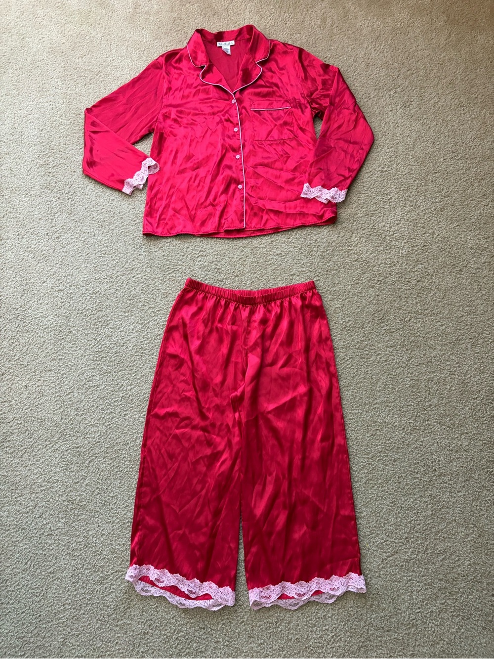Woman Red Satin Pajama Set with Pink Lace Trim